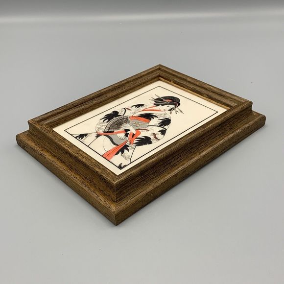 Framed Geisha Girl in Kimono Robe Fan Etched Art D R Mueller Signed Faux Marble - Picture 6 of 14